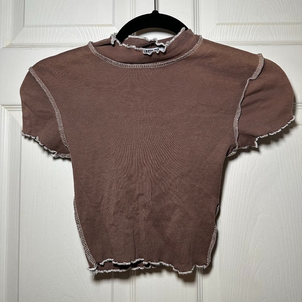 Brown Mockneck Fitted Short Sleeve Crop Top